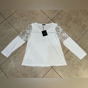NWT Just Fashion Now: White Long Sleeve Top w/ Floral Details, Size M